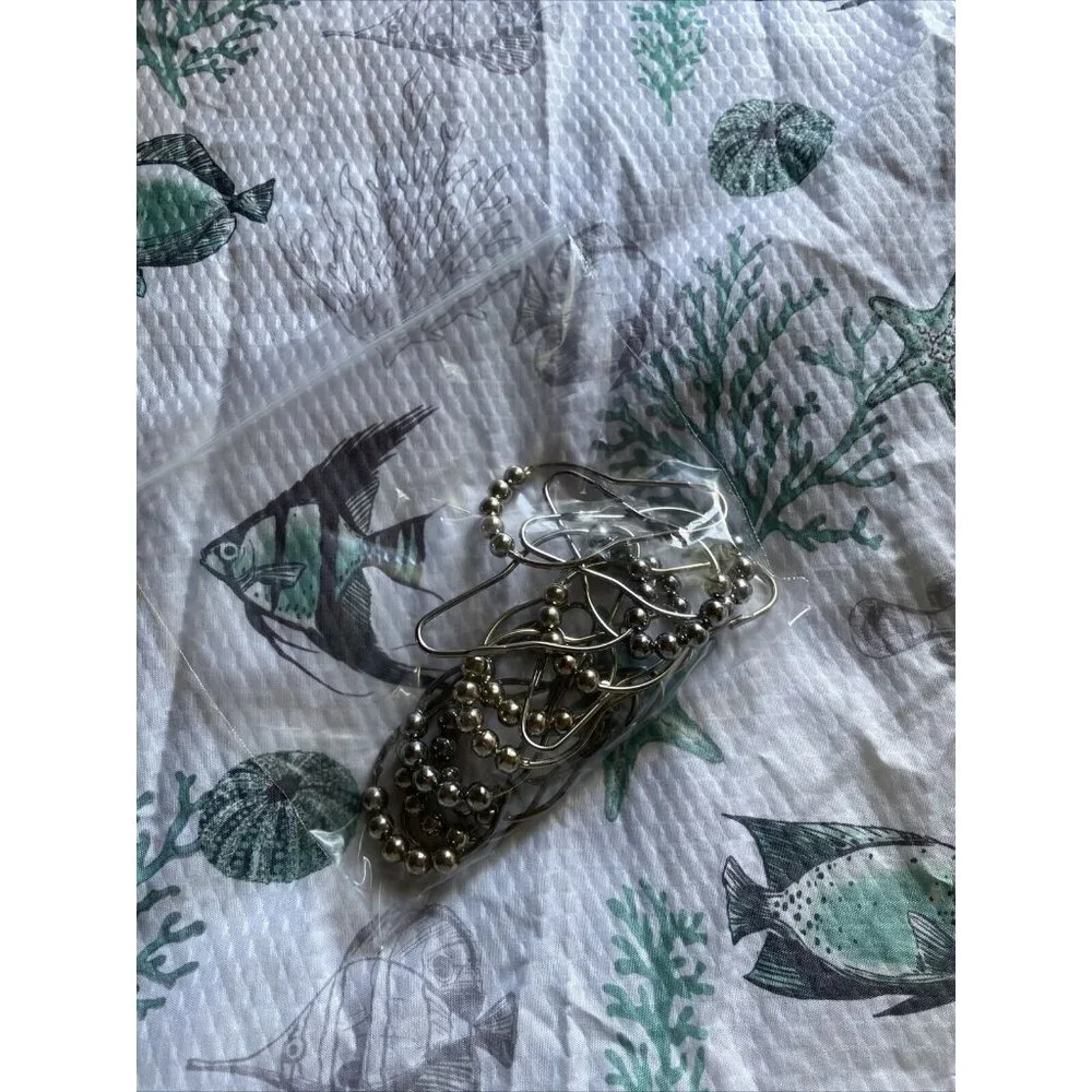 Shower Curtain & Hooks Seaside Starfish Sea Shell Fabric Teal White Gray Texture